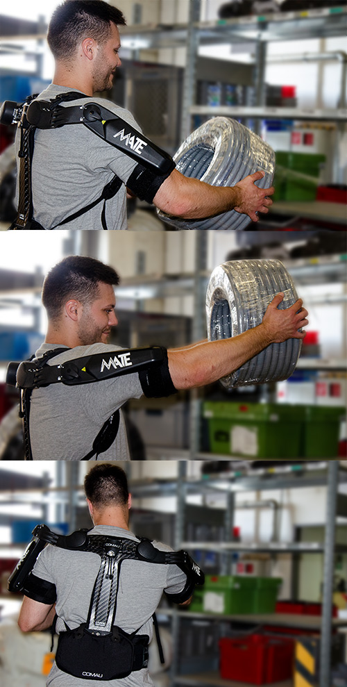 Wiederkehrende Bewegungen und schwere Lasten - mit dem Exoskelett einfach und effektiv zu handeln. Drei Bilder untereinander. Mann in grauem T-Shirt und schwarzem Exoskelett an den Oberarmen hebt eine Schlauchrolle.