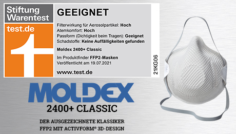 Jetzt den ausgezeichneten FFP2-Masken-Klassiker bestellen Stiftung Warentest Siegel, darunter Moldex-Logo und Text, rechts FFP2-Maske