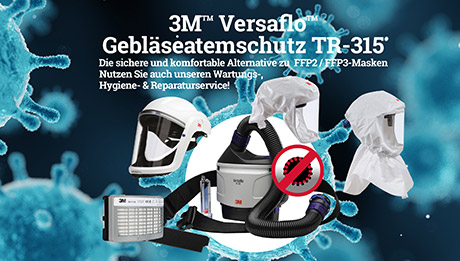 Versaflo TR-315 - die komfortable und sichere Alternative zu FFP2/FFP3 Masken. Hintergrund blaues Symbolbild mit Viren, davor Atemschutzgerät mit Zubehör, Text zum Versaflo TR315