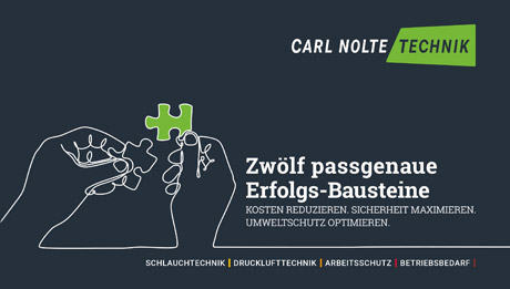Dunkelblauer Hintergrund, weiße Strichgrafik von Händen, die Puzzleteile zusammenfügen, weißer Text "Zwölf passgenaue Bausteine" und Logo "Carl Nolte Technik" in weiß und grün
