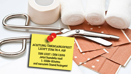 Jetzt Erste-Hilfe-Kästen auf Stand bringen - Übergangsfrist der Norm-Änderung endet im April 2023! Jetzt Erste-Hilfe-Kästen auf Stand bringen - Übergangsfrist der Norm-Änderung endet im April 2023!