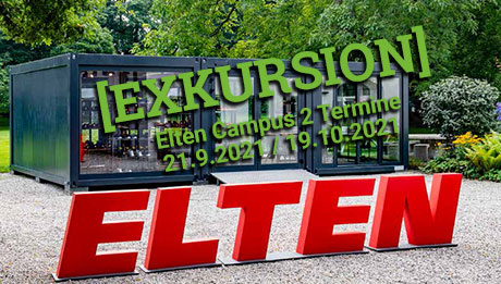 Fahren Sie mit dem nolteteam nach Uedem zu unserem Partner Elten! Gläserner Ausstellungscontainer in einem Park, davor der rote 3-dimensionale Schriftzug "Elten"