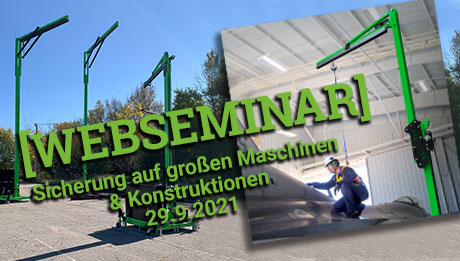 Jetzt kostenlos zum Web-Seminar anmelden Grüne Absturzsicherungsgeräte stehen auf Asphaltboden, blauer Himmel. Text mit Einladung zu einem Webseminar. Sicherungsszene als Extra-Bild hinzugefügt.