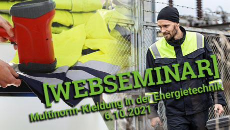 Jetzt zum kostenlosen Webseminar anmelden Links ein Gerät zum Prüfen der Reflektion von Schutzkleidung, rechts eine Person in dunkelblauer Multinormschutzkleidung, grüner Text " Webseminar Multinorm-Kleidung in der Energietechnik 6.10.2021"