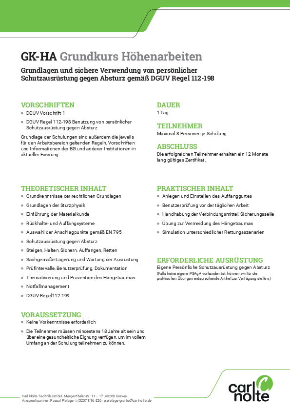 Seminar-Schulungsinhalte Höhenarbeiten