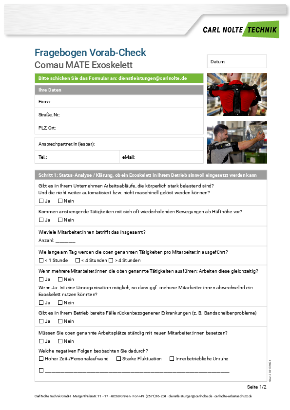 Step 1: Mit unserem Fragebogen klären wir als erstes, ob sich ein Exoskelett für Ihren Betrieb anbietet