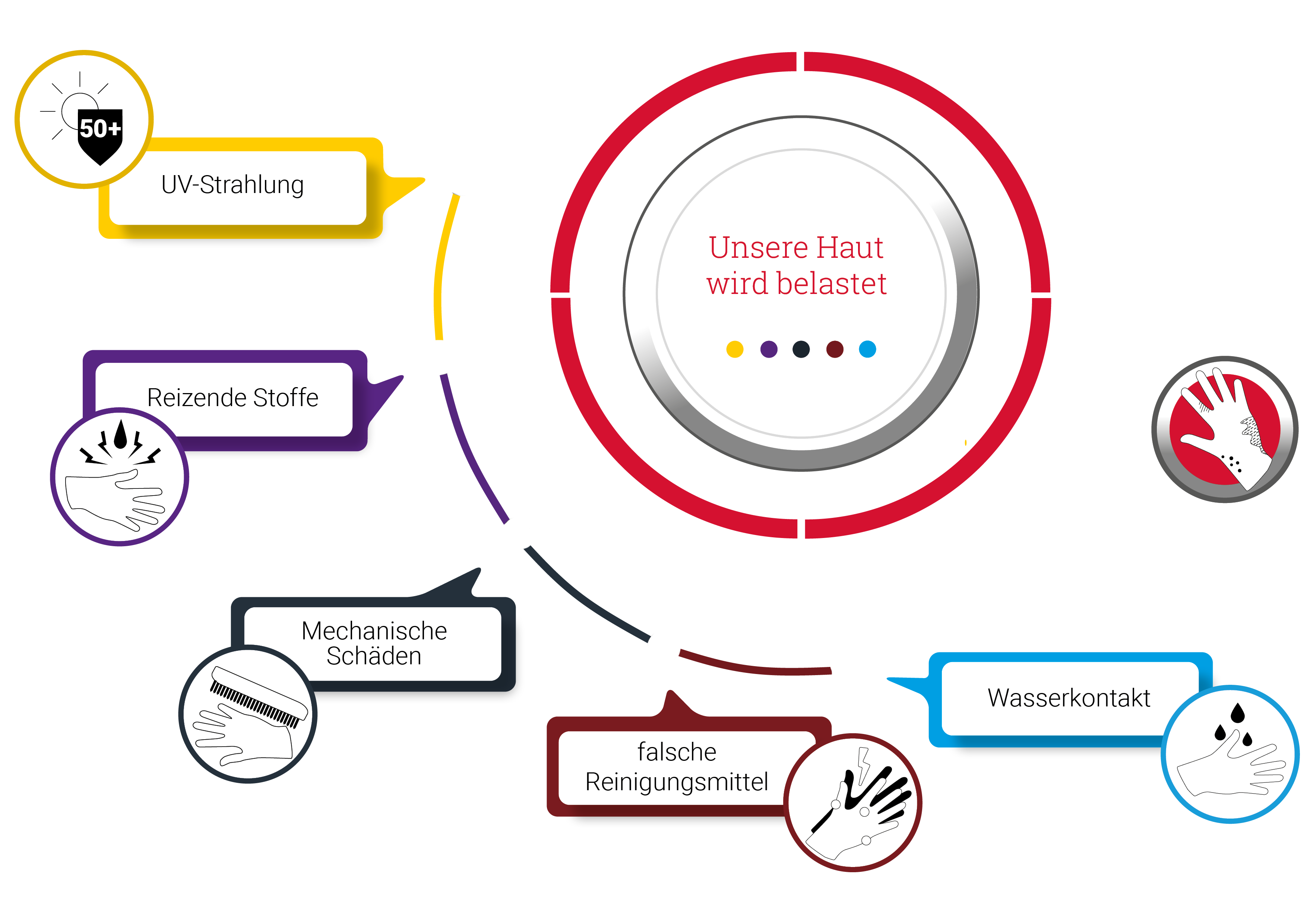 Infografik Unsere Haut wird belastet durch UV-Strahlung, Reizende Stoffe, Mechanische Schäden, falsche Reinigungsmittel, Wasserkontakt