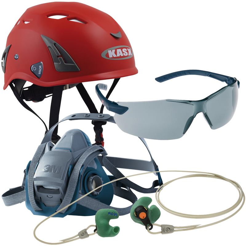 Arbeitsschutzhelm, Gehörschutz, Schutzbrille, Atemschutzmaske