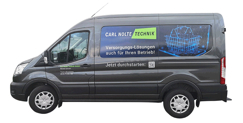 Dunkler Ford Transit mit Motiv zum Thema eBusiness-Lösungen