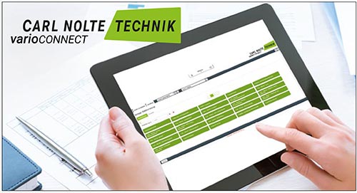 Logo Carl Nolte Technik varioCONNECT links oben, Hände halten Tablet, rechter Zeigefinger tippt darauf