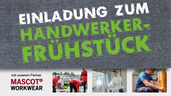 Oben graue Fläche mit grüner und weißer Schrift "Einladung zum Handwerker-Frühstück", darunter Logo Mascot Workwear und Bider von arbeitenden Menschen