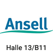 Logo in grün-blau der Firma Ansell, Schrift mit Wellenform darunter, Text mit Halle und Standnummer für eine Messe