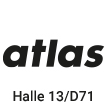 Logo der Firma atlas, schwarze Schrift mit Zusatz Safety Shoes, Text mit Halle und Standnummer für eine Messe