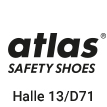 Logo der Firma atlas, schwarze Schrift mit Zusatz Safety Shoes, Text mit Halle und Standnummer für eine Messe