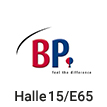 Logo der Firma BP in rot und schwarz, Text mit Halle und Standnummer für eine Messe