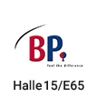 Logo der Firma BP in rot und schwarz, Text mit Halle und Standnummer für eine Messe