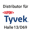 Logo "Distributor für Dupont Tyvek" in schwarz, blau und rot, Text mit Halle und Standnummer für eine Messe