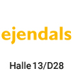 Logo der Firma ejendals, Schrift in gelb, Text mit Halle und Standnummer für eine Messe