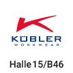 Logo der Firma Kübler in rot und blau, Text mit Halle und Standnummer für eine Messe