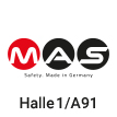Logo der Firma MAS in rot und schwarz, Text mit Halle und Standnummer für eine Messe