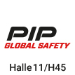 Logo der Firma PIP in schwarz und rot, Text mit Halle und Standnummer für eine Messe