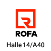 Logo der Firma rofa in rot und schwarz, Text mit Halle und Standnummer für eine Messe