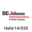 Logo der Firma SC Johnson Professional in rot und schwarz, Text mit Halle und Standnummer für eine Messe