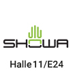 Logo der Firma Showa in hellgrün und schwarz, Text mit Halle und Standnummer für eine Messe