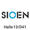 Logo der Firma Sioen in schwarz und hellblau, Text mit Halle und Standnummer für eine Messe