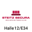 Logo der Firma Steitz Secura in rot, Text mit Halle und Standnummer für eine Messe