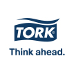 Logo der Firma Tork in blau, Text mit Halle und Standnummer für eine Messe
