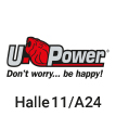 Logo der Firma U-Power in rot und schwarz, Text mit Halle und Standnummer für eine Messe