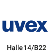 Logo der Firma uvex in dunkelblau, Text mit Halle und Standnummer für eine Messe