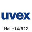 Logo der Firma uvex in dunkelblau, Text mit Halle und Standnummer für eine Messe